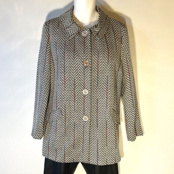 R-Q-T SZ L Gray Herringbone Tweed Wool Blend Coat Preppy Classic Essential - Picture 2 of 9